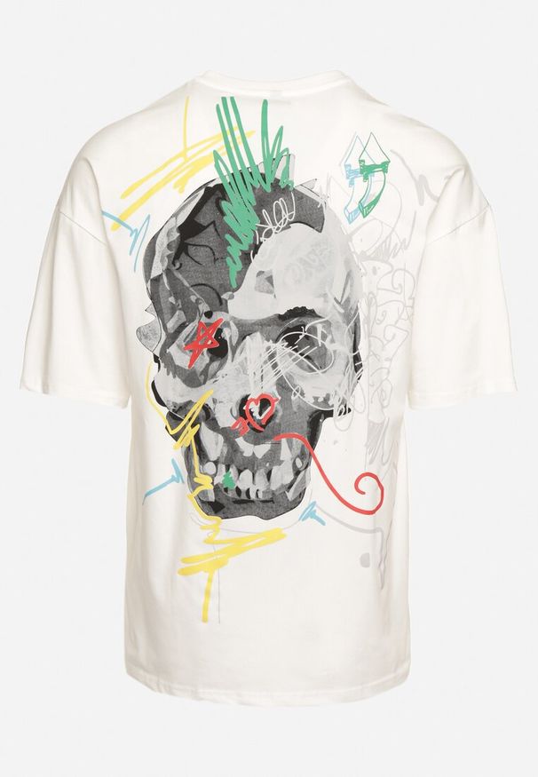 Born2be - Biała Koszulka z Krótkim Rękawem T-Shirt z Nadrukiem z Przodu i na Plecach Franestia. Okazja: na co dzień. Kolor: biały. Materiał: jeans. Długość rękawa: krótki rękaw. Długość: krótkie. Wzór: nadruk. Styl: casual, elegancki