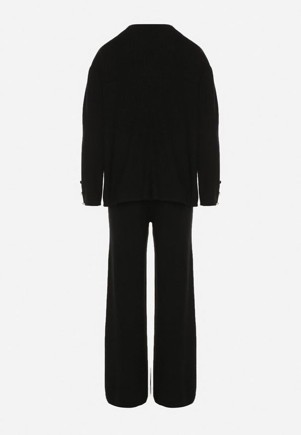 Born2be - Czarny Dzianinowy Komplet z Bawełną Spodnie Kardigan i Bluzka z Golfem Ralinada. Kolor: czarny. Materiał: dzianina, bawełna