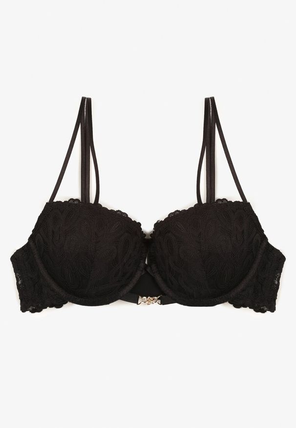 Born2be - Czarny Koronkowy Biustonosz Push Up na Podwójnych Regulowanych Ramiączkach Emilinoria. Kolor: czarny. Materiał: koronka. Rodzaj stanika: push-up. Wzór: koronka