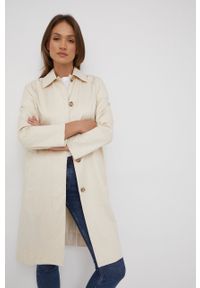 Calvin Klein płaszcz damski kolor beżowy przejściowy. Okazja: na co dzień. Kolor: beżowy. Materiał: tkanina, jedwab, materiał, lyocell. Wzór: gładki. Styl: casual #9