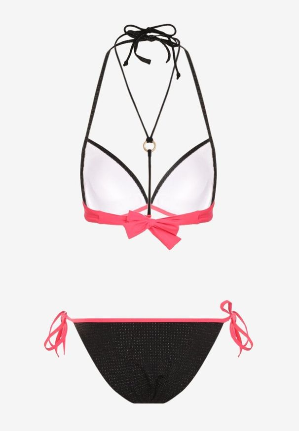 Renee - Fuksjowe Bikini Dwuczęściowe Wiązany Biustonosz i Figi ze Sznurkami Lutella. Kolor: różowy. Wzór: aplikacja
