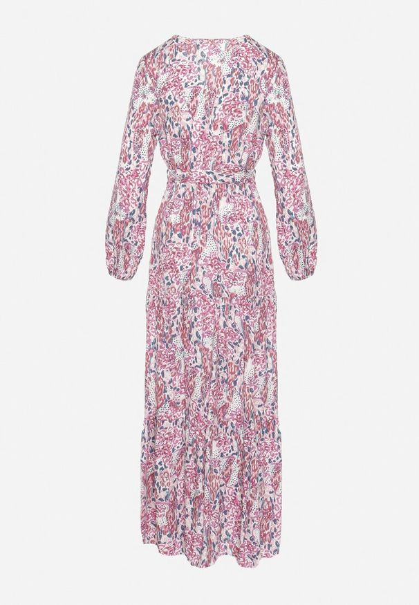 Born2be - Biało-Różowa Wiskozowa Sukienka z Kopertowym Dekoltem i Materiałowym Paskiem z Gumką w Pasie Fiarina. Okazja: na imprezę. Typ kołnierza: dekolt kopertowy. Kolor: czerwony. Materiał: wiskoza, materiał. Typ sukienki: kopertowe. Styl: klasyczny