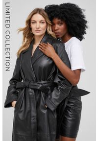 Answear Lab płaszcz skórzany answear.LAB X kolekcja limitowana NO SHAME damski kolor czarny przejściowy niezapinany. Kolor: czarny. Materiał: skóra. Styl: wakacyjny