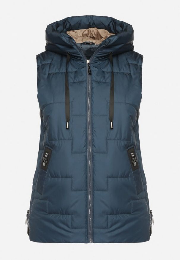 Born2be - Niebieska Pikowana Kamizelka z Kapturem i Sznurkami Imvila. Okazja: na co dzień. Typ kołnierza: kaptur. Kolor: niebieski. Materiał: jeans. Wzór: aplikacja. Styl: klasyczny, casual, elegancki