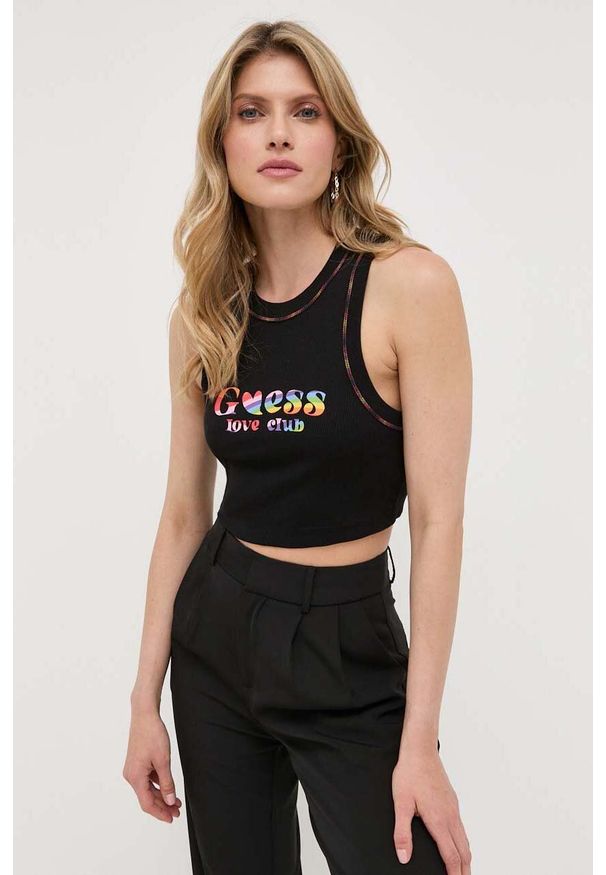 Guess top bawełniany kolor czarny. Kolor: czarny. Materiał: bawełna. Długość rękawa: na ramiączkach. Wzór: nadruk