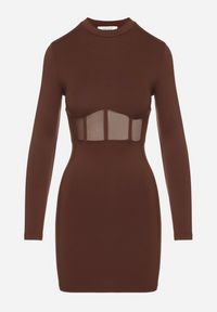 Born2be - Brązowa Dopasowana Sukienka Vices Ozdobiona Gorsetową Przezroczystą Górą Axerne. Typ kołnierza: dekolt gorset. Kolor: brązowy. Wzór: aplikacja. Typ sukienki: gorsetowe. Styl: elegancki, klasyczny #4