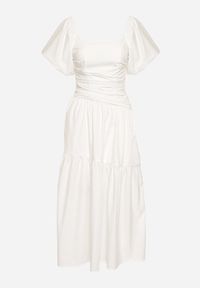 Born2be - Biała Rozkloszowana Marszczona Sukienka z Wiskozą i Bufiastymi Rękawami oraz Falbanką Larnovia. Okazja: na co dzień, na imprezę. Kolor: biały. Materiał: wiskoza. Typ sukienki: proste. Styl: casual, elegancki #7