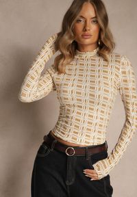 Renee - Biało-Beżowa Bluzka Longsleeve z Golfem z Bawełny w Geometryczny Print Zadanevia. Okazja: na spacer, na co dzień. Typ kołnierza: golf. Kolor: biały. Materiał: bawełna. Długość rękawa: długi rękaw. Wzór: geometria, nadruk. Styl: elegancki, casual