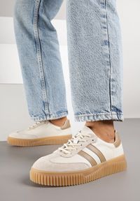 Born2be - Beżowo-Brązowe Skórzane Sneakersy Klasyczne Tenisówki z Zamszu Naturalnego Teniresela. Okazja: na co dzień. Kolor: beżowy. Materiał: zamsz, skóra #5