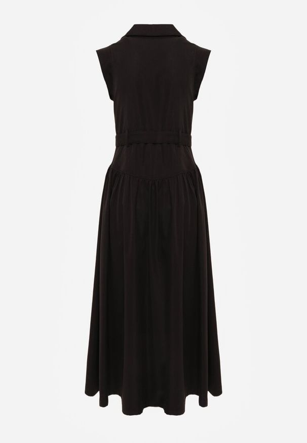 Renee - Czarna Sukienka Koszulowa Bez Rękawów z Paskiem i Metaliczną Klamrą Thespiphia. Okazja: na co dzień. Typ kołnierza: dekolt w kształcie V. Kolor: czarny. Długość rękawa: bez rękawów. Typ sukienki: koszulowe. Styl: casual