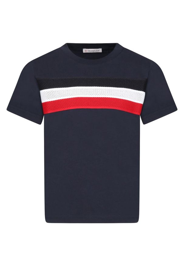 MONCLER KIDS - Granatowy t-shirt z trójkolorowym paskiem 6-14 lat. Kolor: niebieski. Materiał: bawełna, puch. Wzór: aplikacja. Sezon: lato. Styl: klasyczny