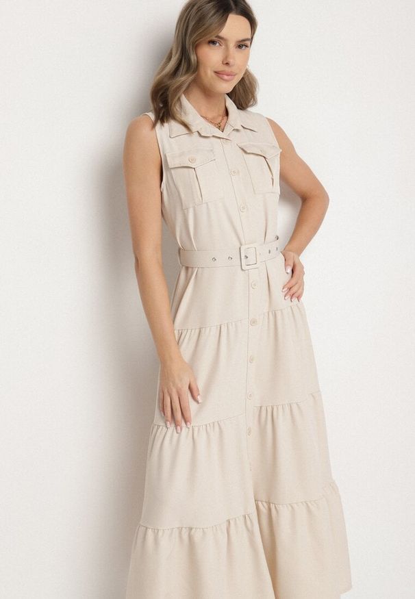 Born2be - Beżowa Koszulowa Sukienka Ozdobiona Paskiem Mavorelle. Okazja: na co dzień. Kolor: beżowy. Wzór: aplikacja. Typ sukienki: koszulowe. Styl: casual, elegancki