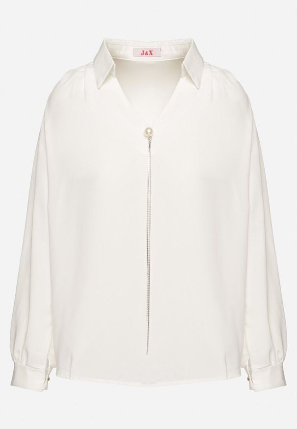 Born2be - Biała Bluzka z Kołnierzykiem i Odpinanym Łańcuszkiem z Cyrkoniami Gonwira. Okazja: na co dzień. Typ kołnierza: dekolt w serek. Kolor: biały. Materiał: jeans. Długość rękawa: długi rękaw. Długość: długie. Styl: elegancki, casual