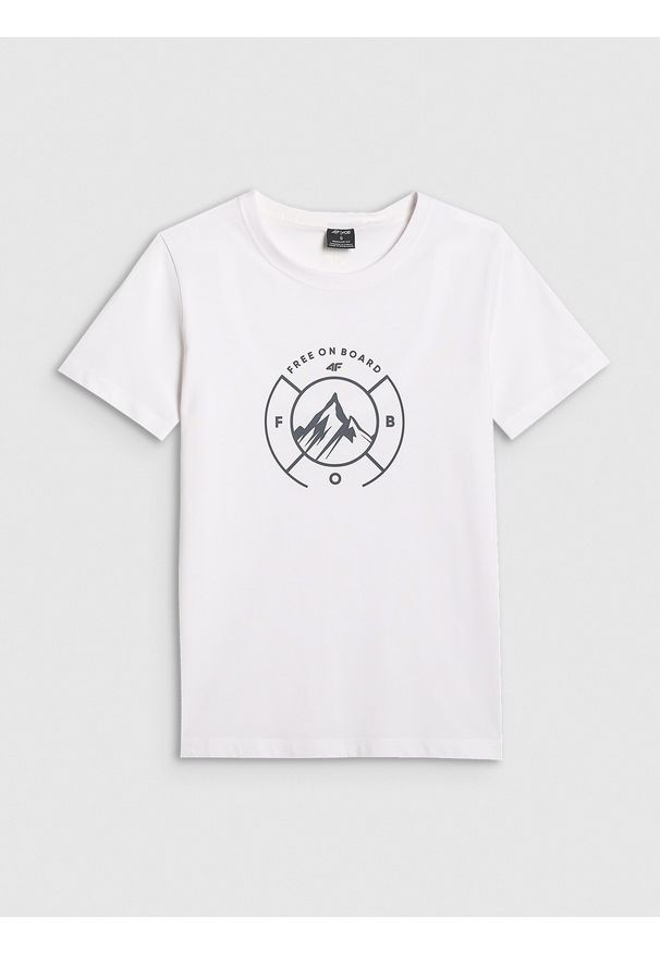 4f - 4F T-shirt regular z nadrukiem damski - biały L. Okazja: na co dzień. Kolor: biały. Materiał: bawełna, dzianina. Długość rękawa: krótki rękaw. Długość: krótkie. Wzór: nadruk. Styl: casual