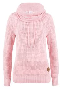 Sweter z golfem z troczkami bonprix pastelowy jasnoróżowy. Typ kołnierza: golf. Kolor: różowy. Materiał: skóra. Wzór: aplikacja #1