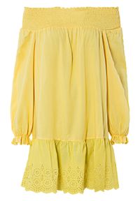 Sukienka z dekoltem carmen i ażurowym haftem bonprix żółty tulipan. Typ kołnierza: typu carmen. Kolor: żółty. Wzór: haft, ażurowy. Typ sukienki: tulipan #1