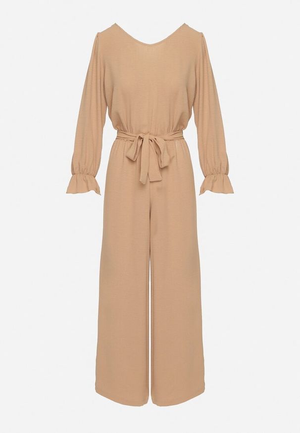 Born2be - Beżowy Długi Kombinezon z Gumką w Pasie Wiązany na Plecach Kailanis. Okazja: na co dzień. Kolor: beżowy. Długość rękawa: długi rękaw. Długość: długie. Wzór: aplikacja. Styl: casual