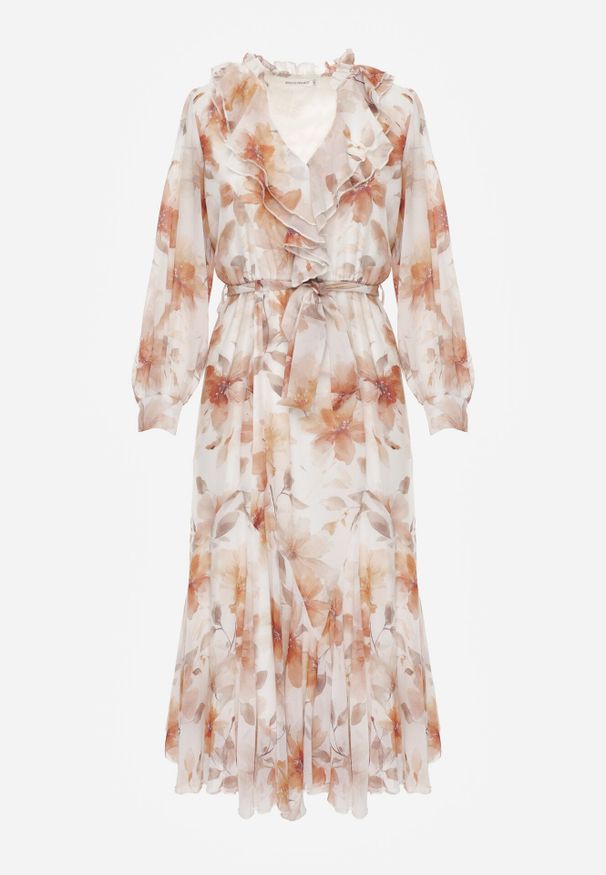 Born2be - Pomarańczowa Zwiewna Sukienka z Długim Rękawem Falbanami i Wiązanym Paskiem Aezera. Okazja: do pracy, na co dzień, na randkę. Kolor: pomarańczowy. Materiał: jeans, zamsz, poliester. Długość rękawa: długi rękaw. Typ sukienki: proste. Styl: elegancki, klasyczny, casual