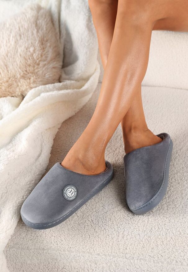 Born2be - Szare Płaskie Kapcie z Futerkiem Typu Baranek Mailyra. Okazja: do domu. Kolor: szary. Materiał: futro