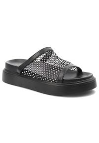 Czarne Klapki S.Barski Eleganckie Obuwie Damskie z Cyrkoniami. Okazja: na imprezę, na spacer. Kolor: czarny. Wzór: aplikacja. Sezon: lato. Obcas: na platformie. Styl: elegancki