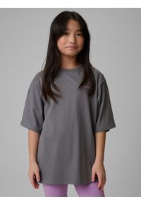 4f - 4F T-shirt loose z nadrukiem dziewczęcy - szary 158/164 (12-14 lat). Okazja: na spacer, na co dzień, na uczelnię. Kolor: szary. Materiał: dzianina, bawełna, skóra, materiał. Wzór: nadruk. Sezon: lato. Styl: casual #1