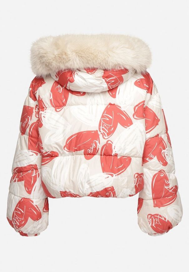 Born2be - Beżowo-Czerwona Pikowana Kurtka o Krótkim Kroju z Kapturem i Odpinanym Futerkiem Enarisel. Okazja: na co dzień. Typ kołnierza: kaptur. Kolor: beżowy. Materiał: futro. Długość: krótkie. Styl: casual, elegancki