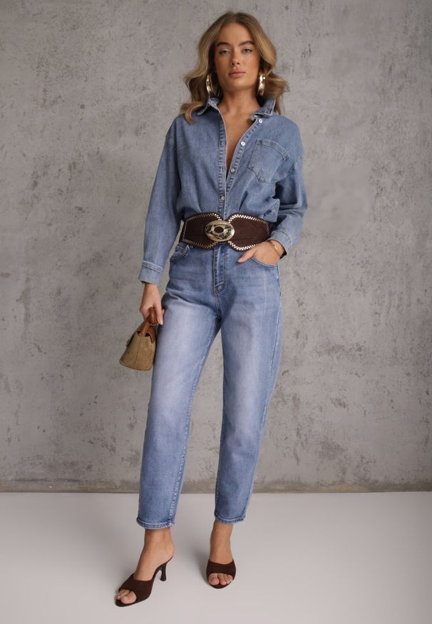 Renee - Niebieskie Klasyczne Jeansy Mom Fit High Waist z Bawełny Uhrlith. Okazja: na co dzień. Stan: podwyższony. Kolor: niebieski. Styl: klasyczny