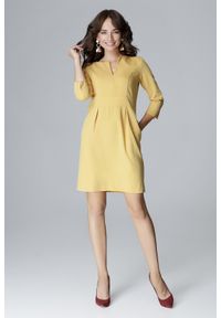 Lenitif - Elegancka sukienka z podwyższoną talią dekolt V żółta. Okazja: do pracy. Kolor: żółty. Styl: elegancki #4
