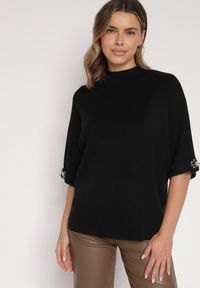 Born2be - Czarny Sweter Ozdobiony na Rękawach Cyrkoniami Aletusa. Okazja: na co dzień. Kolor: czarny. Materiał: jeans. Wzór: aplikacja. Styl: elegancki, casual #7