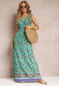 Renee - Zielona Sukienka Maxi we Wzór Pailsey z Rozkloszowanym Dołem i Gumką w Talii Kinslei. Kolor: zielony. Sezon: lato, wiosna. Długość: maxi #4