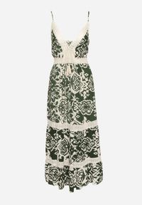 Born2be - Zielona Bawełniana Sukienka Rozkloszowana w Etniczny Wzór z Koronką Taliosha. Okazja: na co dzień. Typ kołnierza: dekolt w kształcie V. Kolor: zielony. Materiał: bawełna, koronka. Długość rękawa: na ramiączkach. Wzór: koronka. Styl: casual, elegancki #6