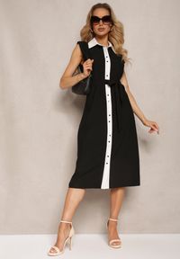 Renee - Czarna Elegancka Sukienka Koszulowa z Materiałowym Paskiem i Guzikami Ninelia. Kolor: czarny. Materiał: materiał. Sezon: lato. Typ sukienki: koszulowe. Styl: elegancki