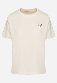 Born2be - Jasnobeżowy T-shirt o Klasycznym Kroju z Ozdobnym Haftem Galerrena. Okazja: na co dzień, na spotkanie biznesowe, do pracy. Kolor: beżowy. Materiał: jeans. Wzór: haft. Styl: klasyczny