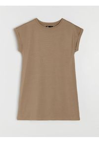 Sinsay - Bawełniana sukienka mini z krótkim rękawem - beżowy. Kolor: beżowy. Materiał: bawełna. Długość rękawa: krótki rękaw. Długość: mini #1
