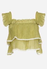 Born2be - Jasnozielony Top na Ramiączkach z Możliwością Odpięcia Ozdobiony Falbanką Neveviana. Okazja: na co dzień. Typ kołnierza: dekolt w serek, kołnierz z falbankami. Kolor: zielony. Długość rękawa: na ramiączkach. Wzór: aplikacja. Sezon: lato. Styl: casual #6