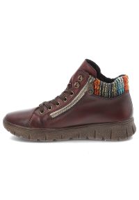 Czerwone Botki Rieker Ocieplane Buty Damskie. Okazja: na co dzień, na spacer. Zapięcie: sznurówki. Kolor: czerwony. Materiał: dzianina, skóra. Szerokość cholewki: normalna. Wzór: kolorowy. Sezon: zima, jesień. Styl: casual #6