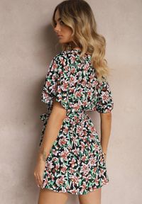 Renee - Czarno-Zielony Kombinezon z Dekoltem w Serek z Gumką w Talii i Materiałowym Paskiem Tessanda. Okazja: na co dzień. Kolor: czarny. Materiał: materiał. Styl: casual, elegancki #3