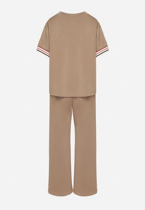 Born2be - Beżowy Komplet z Wiskozą Szerokie Spodnie i Bluzka z Paskami Nilanaria. Kolor: beżowy. Materiał: wiskoza