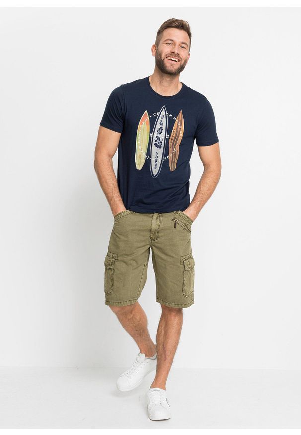 bonprix - T-shirt Slim Fit z czystej bawełny organicznej, Slim Fit. Kolor: niebieski. Materiał: bawełna. Wzór: nadruk