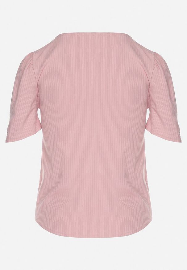 Born2be - Różowy Prążkowany T-shirt z Zakładkami przy Rękawach Kolanovia. Okazja: na co dzień. Kolor: różowy. Materiał: prążkowany. Styl: casual