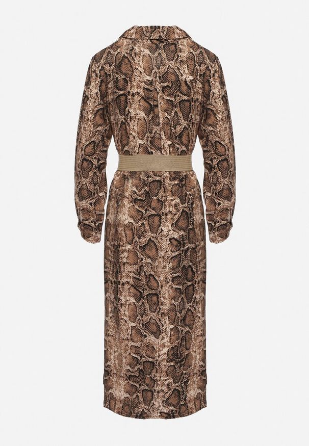 Born2be - Brązowa Wiskozowa Sukienka w Wężowy Wzór o Koszulowym Kroju z Elastycznym Paskiem Rinnosia. Okazja: na spotkanie biznesowe. Typ kołnierza: dekolt w serek. Kolor: brązowy. Materiał: wiskoza. Typ sukienki: koszulowe. Styl: elegancki, biznesowy