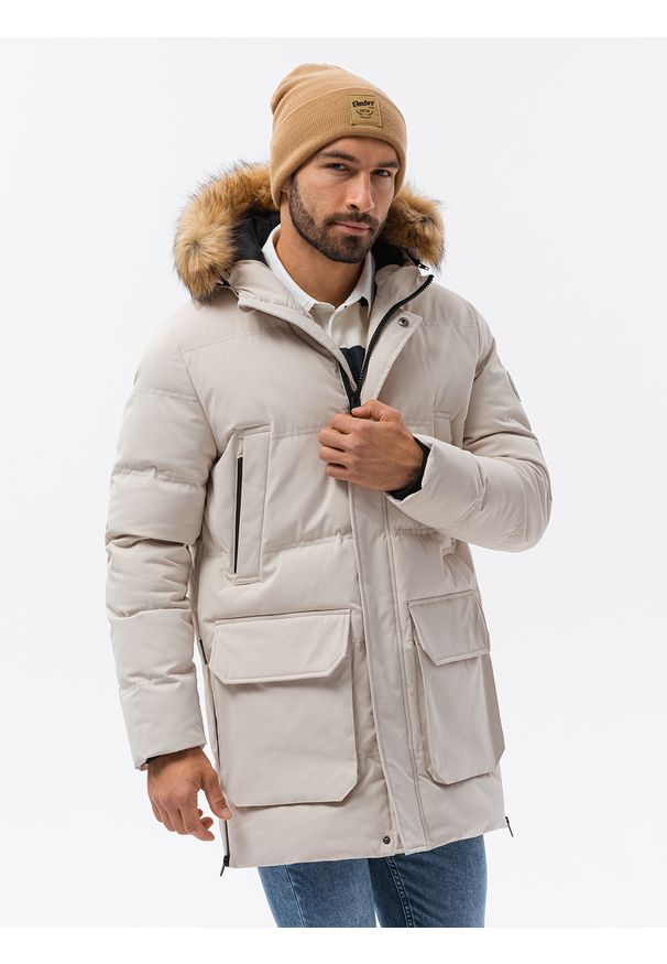 Ombre Clothing - Kurtka męska zimowa parka z kieszeniami cargo - ecru V1 - Rozmiar: XXL. Materiał: poliester, syntetyk. Długość: długie. Sezon: zima. Styl: klasyczny