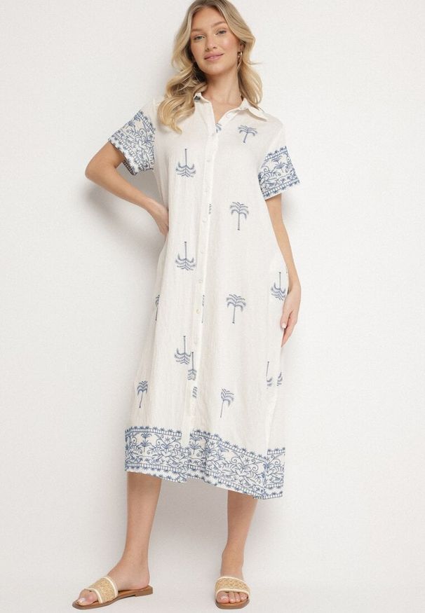 Born2be - Biała Pudełkowa Sukienka z Wiskozą o Koszulowym Kroju Zdobiona Haftem Sanori. Okazja: na co dzień. Kolor: biały. Materiał: wiskoza. Długość rękawa: krótki rękaw. Wzór: haft, aplikacja. Typ sukienki: koszulowe. Styl: casual, klasyczny