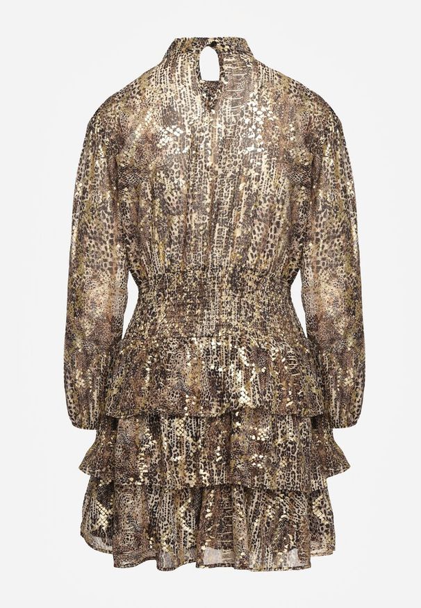 Renee - Brązowa Koktajlowa Panterkowa Sukienka z Gumkami w Pasie Ozdobiona Falbankami Quinthelia. Okazja: na co dzień. Typ kołnierza: kołnierz z falbankami. Kolor: brązowy. Wzór: aplikacja. Typ sukienki: proste. Styl: wizytowy