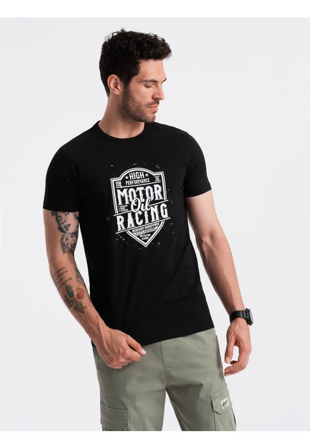 Ombre Clothing - T-shirt męski z nadrukiem w stylu motocyklowym – czarny V1 OM-TSPT-0125 - L. Okazja: na co dzień. Kolor: czarny. Materiał: materiał, bawełna. Wzór: nadruk. Styl: klasyczny, casual, elegancki