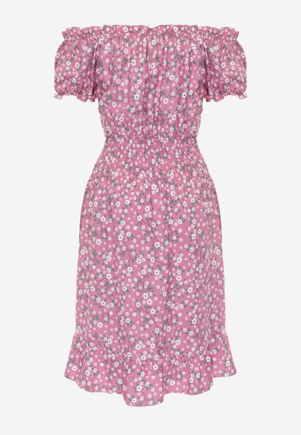 Renee - Różowa Bawełniana Sukienka Midi Hiszpanka z Gumką w Pasie Dnise. Typ kołnierza: dekolt hiszpanka. Kolor: różowy. Materiał: bawełna. Długość: midi