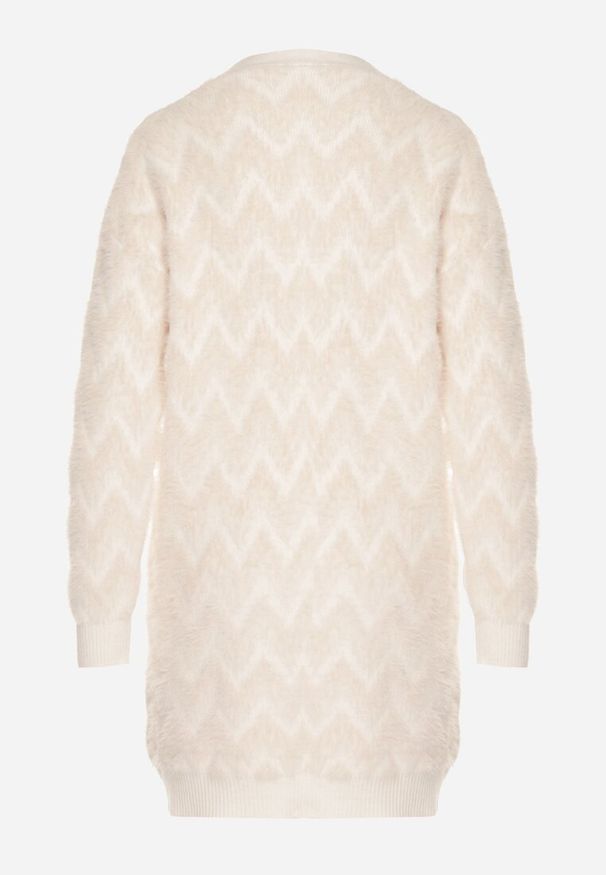 Born2be - Jasnobeżowy Niezapinany Kardigan Przed Kolano w Paski Chevron Afesura. Kolor: beżowy. Materiał: dzianina. Długość rękawa: długi rękaw. Długość: długie. Wzór: paski