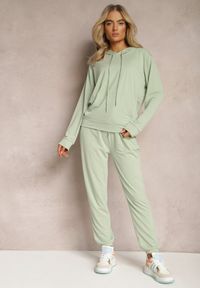 Renee - Jasnozielony Klasyczny Komplet Dresowy z Bluzą Kangurką i Spodniami Typu Jogger Salevia. Kolor: zielony. Materiał: dresówka #3