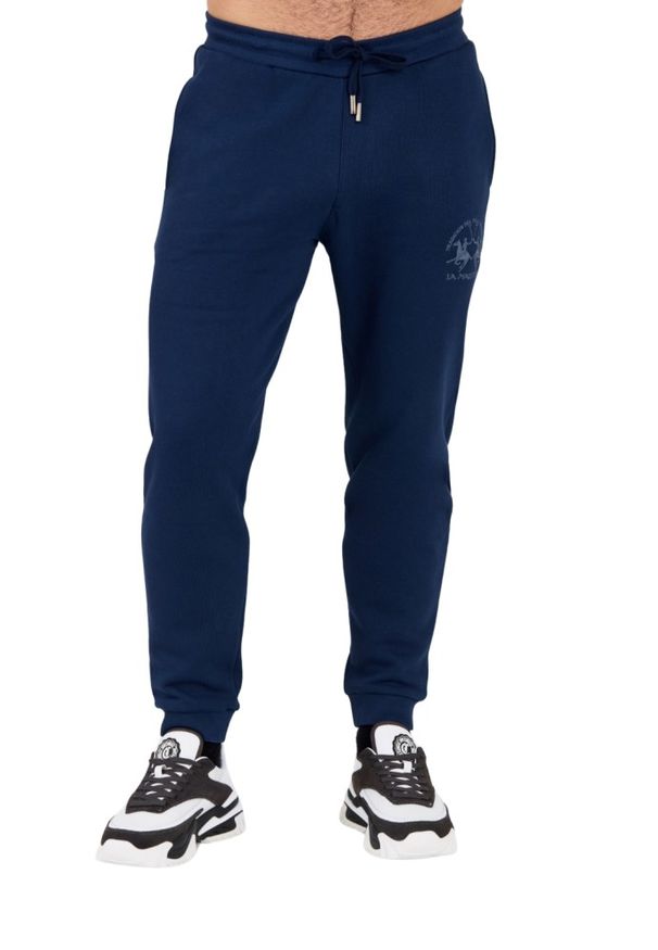 La Martina - LA MARTINA Granatowe spodnie dresowe męskie z dużym logo, Rozmiar XL. Kolor: niebieski. Materiał: dresówka