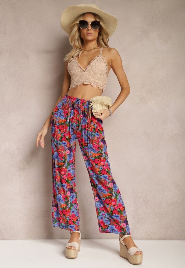 Renee - Fioletowo-Różowe Wiskozowe Spodnie z Prostą Nogawką High Waist w Kwiatowy Wzór Zaranima. Stan: podwyższony. Kolor: fioletowy. Materiał: wiskoza. Wzór: kwiaty. Sezon: lato